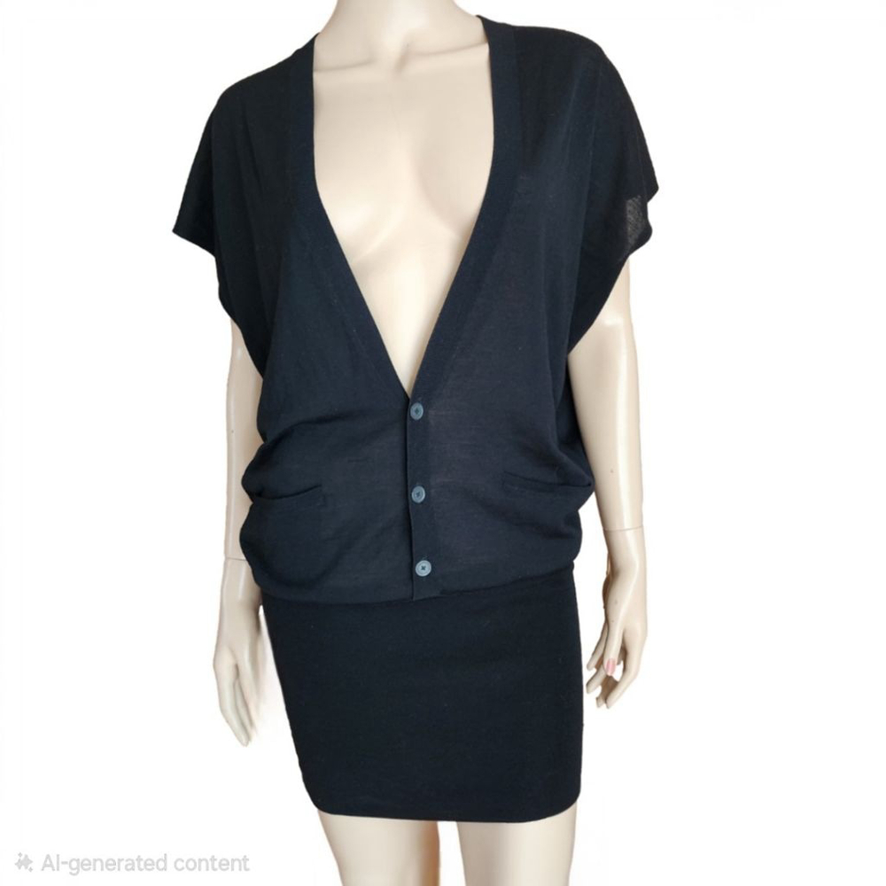 ALEXANDER WANG Black Deep‎ V-Neck Wool Short Sleeve Drop-Waist Sweater Dress S